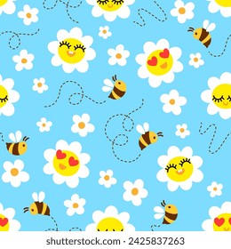 Bees on blossom meadow. Hand drown seamless vector pattern design. Yellow smiling flowers on blue background