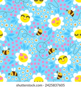 Bees on blossom meadow. Hand drown seamless vector pattern design. Pink and yellow smiling flowers on blue background