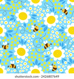 Bees on blossom meadow. Hand drown seamless vector pattern design. Yellow flowers on blue background