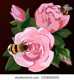 Bees on a bouquet of roses.Color vector illustration with big bees on a bouquet of beautiful roses.