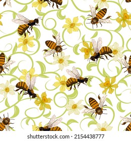 Bees on a floral background.Vector seamless pattern with floral decor and bees on a transparent background.