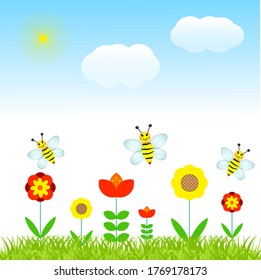 bees on a flower glade, vector image. sunny day