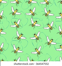 bees on the flower and green background seamless pattern 