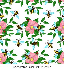 Bees on flowers, seamless pattern