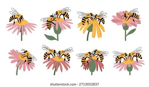 Bees on flowers with transparent background