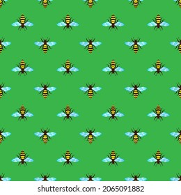 bees on a green background background, seamless pattern, vector illustration