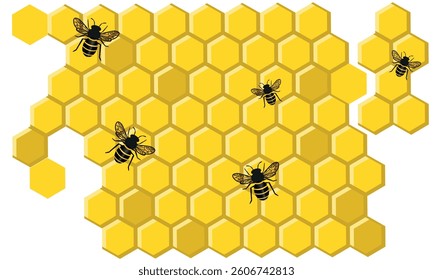 Bees on a honeycomb cells, insects on colorful hexagon shaped cells creating honey, delicious healthy sweet food concept