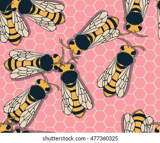 bees on honeycomb seamless pattern in pink yellow and black