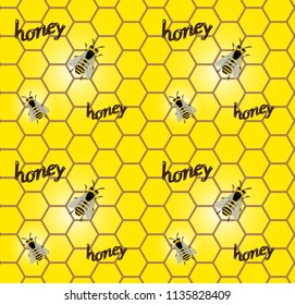 Bees on honeycomb, seamless vector pattern. All elements can be moved at will.