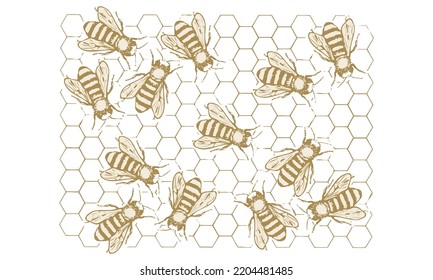 Abejas En La Ilustración Del Vector De Honeycomb
