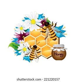 bees on honeycombs; flowers and pot with honey