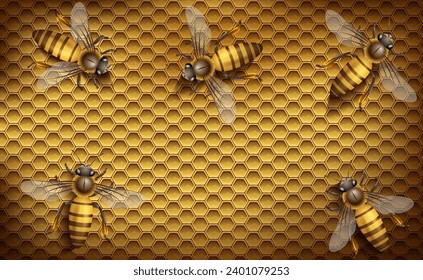 Bees on honeycombs with honey. Vector illustration. Sketch for creativity.