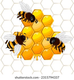 Bees on honeycombs in illustration.Colored vector illustration with bees on honeycombs.