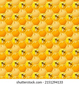 Bees on honeycombs in a pattern.Vector pattern with bees on a background of honeycombs.