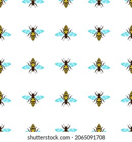 bees on white background background, seamless pattern, vector illustration