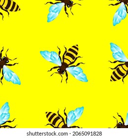 bees on a yellow background background, seamless pattern, vector illustration