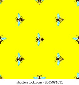 bees on a yellow background background, seamless pattern, vector illustration