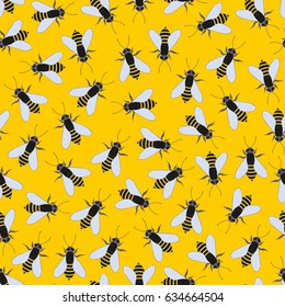 Bees on a yellow background. Vector seamless pattern for design and decoration of textiles, baby clothes, wallpapers, covers, packaging and other surfaces
