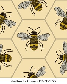 bees on yellow honey comb seamless pattern