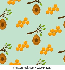 abejas sobre el peine amarillo de miel sin soldadura, miel, abeja, colmena, casa de abejas de abeja. Ilustración grabada en color vectorial. Aislado en el fondo con flores