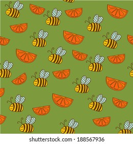 Bees and oranges seamless background