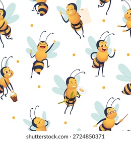 Bienenmuster. Honigbienen im Cartoon-Stil. nahtlose Vektorhintergrundgrafik