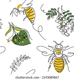 Bees pattern with linden blossom and acacia. Vector bees pattern for fabric, texture, print, wallpaper, textile.