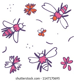 Bees pattern. Vector pink bee illustration.