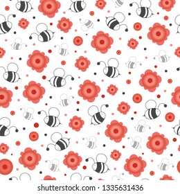bees and pink flowers. seamless pattern for gift wrapping