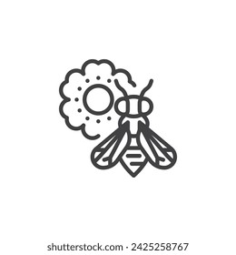 Bees pollinating flowers line icon. linear style sign for mobile concept and web design. Bee and flower outline vector icon. Plant reproduction symbol, logo illustration. Vector graphics