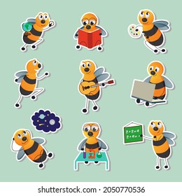 Pegatinas de la escuela de abejas sobre un fondo azul.