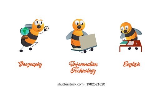 Bees and school subjects set - Geography, Information Technology and English