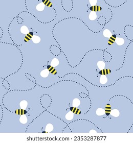 Bees seamless pattern background. Vector cute cartoon yellow honey concept for print on paper, fabric, wallpaper, cover.