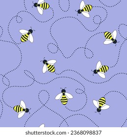 Bees seamless pattern background. Vector cute cartoon yellow honey concept for print on paper, fabric, wallpaper, cover.
