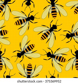 Bees seamless pattern. Bright yellow background with large bees. Toilers of the apiary. Creating delicious honey. Vector illustration.