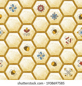 Bees seamless pattern. Cute repeat background, vector cartoon Illustration