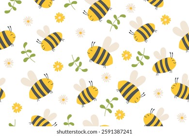 Bees seamless pattern. Flying bees on white background. Vector hand drawn background.