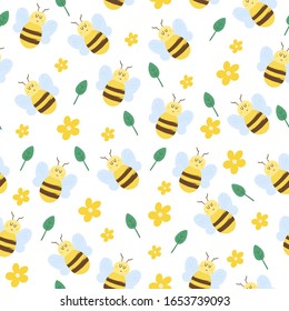 Bees seamless pattern. Leaves and insects. Suitable for fabric and wrapping paper.