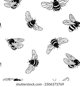 Bees  seamless pattern, monochrome vector drawing, doodle illustration