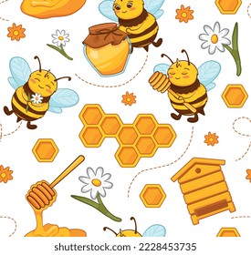 Bees seamless pattern. Repeating design element for printing on fabric. Natural and organic products. Insects and flowers, honey and honeycomb, apiary concept. Cartoon flat vector illustration