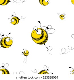 Bees seamless pattern. Vector illustration. Image of flying bees. Funny bees on a white background.