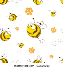 Bees seamless pattern. Vector illustration. Image of flying bees. The bees and honeycomb. Funny bees on a white background. 