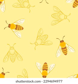 Bees seamless pattern. Yellow vector background with honey bees.