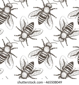 Bees seamless vector pattern. Hand drawn vintage graphic doodle design. Vector illustration. Endless background.