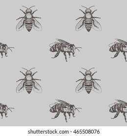 Bees seamless vector pattern. Hand drawn vintage graphic doodle design. Vector illustration. Endless background.