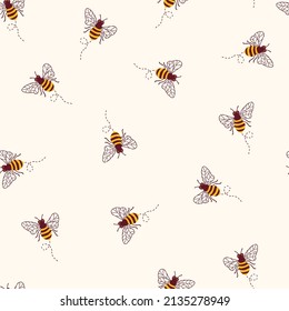 Bees seamless vector pattern. Repeating background with bumblebees on a white beige background. Summer animal backdrop. Use for fabric, wallpaper, wrapping, packaging.