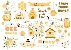 Bees Set Cute Honey Clipart Hand Drawn Bee Honey Elements Hive Honeycomb Pot Spoon Beekeeping Text Phrases In Ribbon Wreath Floral Bee Bouquet. Sticker Tag Icon Logo Honey Design Vector Illustration.
