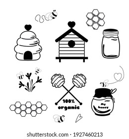 Bees set Cute honey clipart black sketch. Hand drawn bee honey isolated elements. Hive honeycomb pot spoon beekeeping. Floral bee bouquet. Sticker tag icon logo Sweet Honey design Vector illustration.