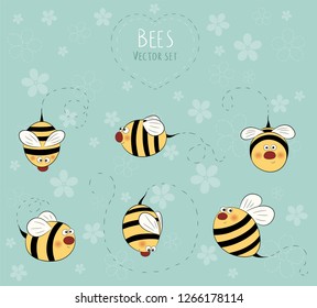Bees set. Funny fly colorful vector illustration.  Summer collection.