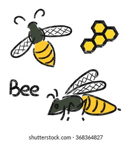 Bees Set. Vector Illustrations, Doodle Logos Of Bee And Honeycomb.